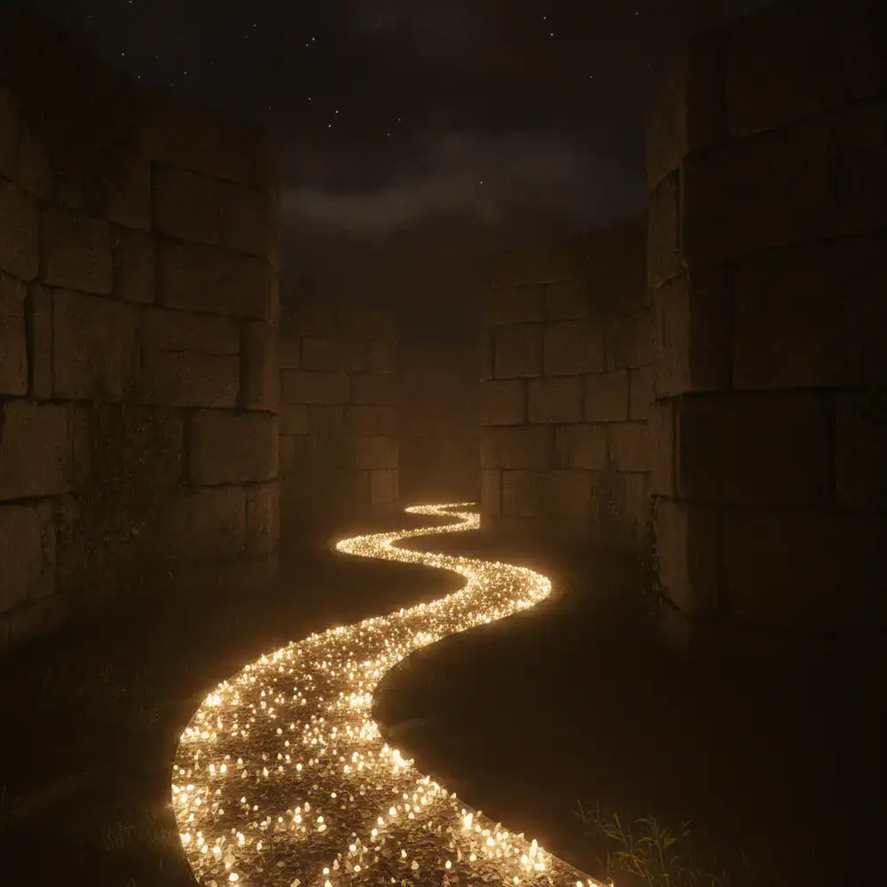 Ilustración de un camino iluminado en un laberinto oscuro