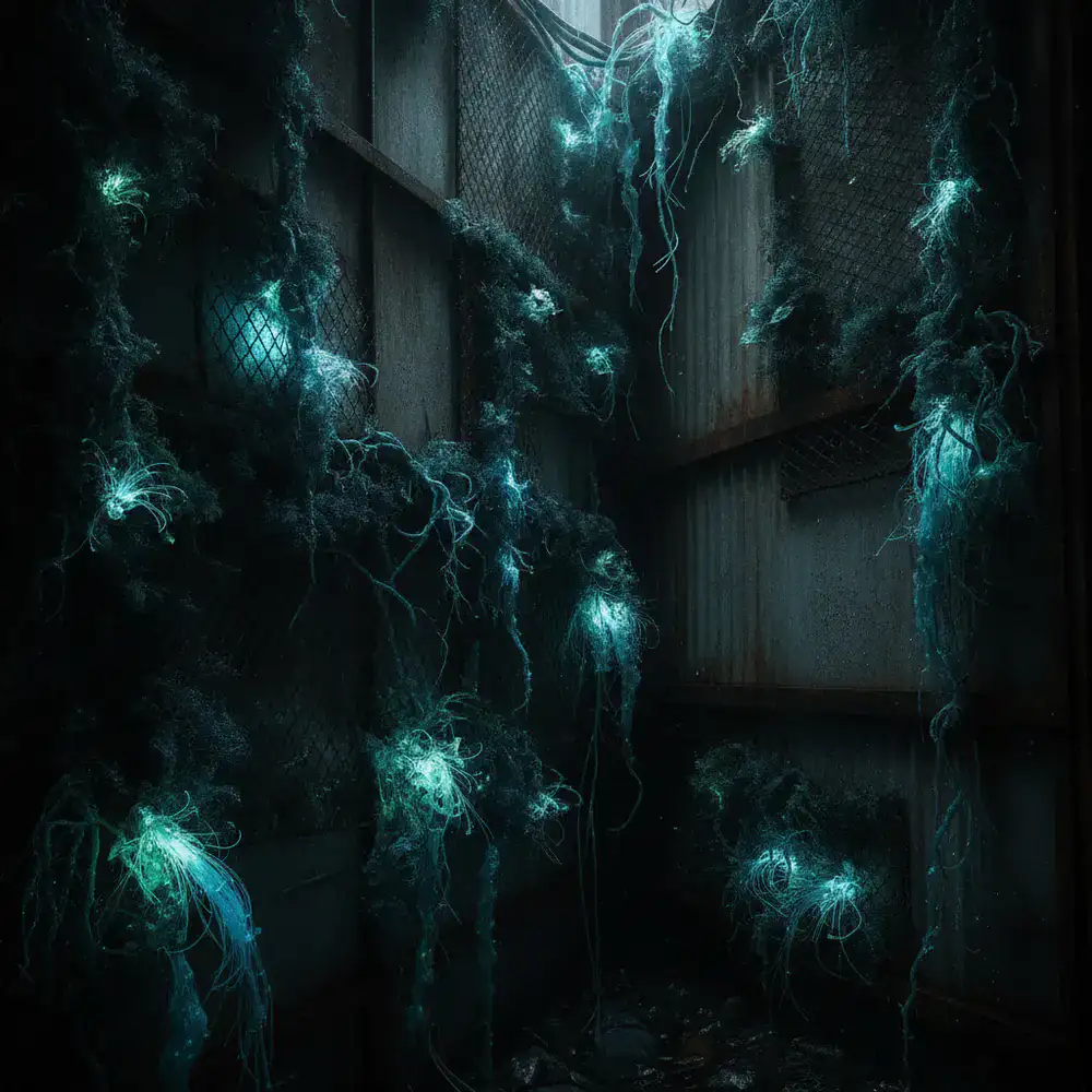 Jardines Sintéticos: Vegetación artificial bioluminiscente creciendo sobre muros metálicos