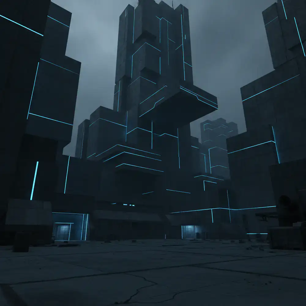 Sector Cero: Arquitectura brutalista de hormigón oscuro y neón primario azul